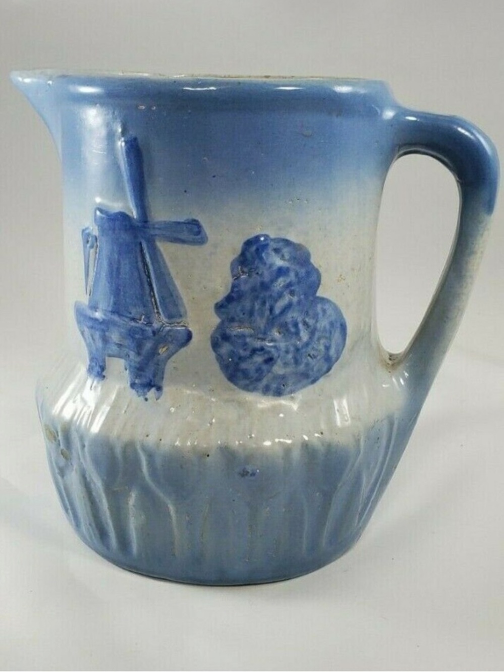 VINTAGE SALT GLAZED Blue White Pitcher Dutch Windmill Tree Collectible Pottery